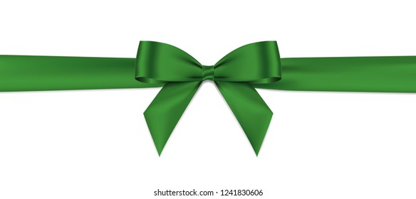 Green bow and horizontal ribbon realistic shiny satin with shadow for decorate your christmas card or website vector EPS10 isolated on white background.