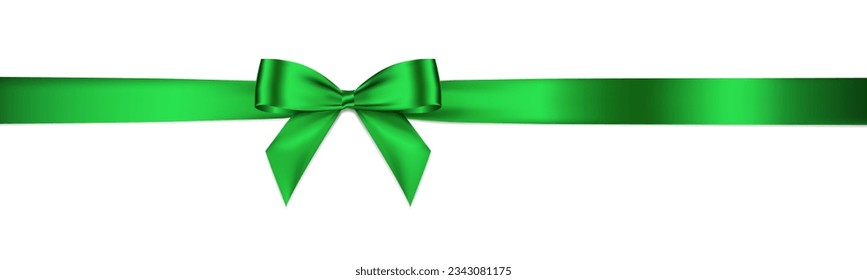 Green bow and horizontal ribbon realistic shiny satin with shadow for decorate your christmas card or website vector EPS10 isolated on white background.