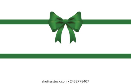 Green bow and horizontal ribbon realistic shiny satin with shadow for decorate your christmas card or website vector EPS10 isolated on white background.