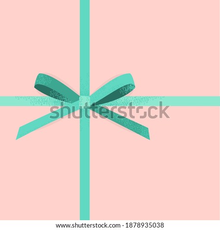 green bow on pink with texture. simple thin double tied ribbon for decoration and add beauty to gift box or greeting card, flat lay close up top view with copy space. mint and peach color