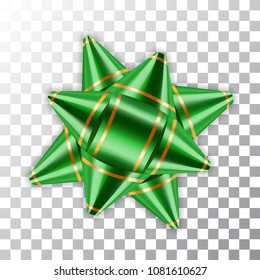 Green bow ribbon 3d decor element package Shiny color satin decoration gift present isolated white transparent background. Christmas New Year celebration, holiday design Vector illustration