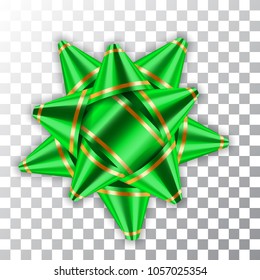 Green bow ribbon decor element package Shiny color satin decoration gift present isolated white transparent background. Christmas New Year celebration, birthday holiday design Vector illustration