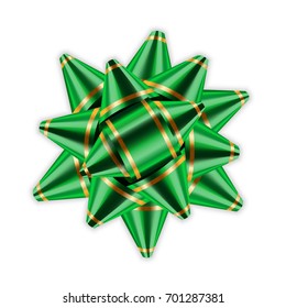 Green bow ribbon decor element package Shiny color satin decoration gift present, holiday design, isolated white background. Symbol Christmas, New Year celebration, birthday Vector illustration