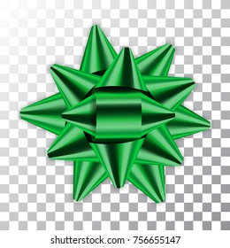 Green bow ribbon decor element package Shiny color satin decoration gift present isolated white transparent background. Christmas New Year celebration, birthday holiday design Vector illustration