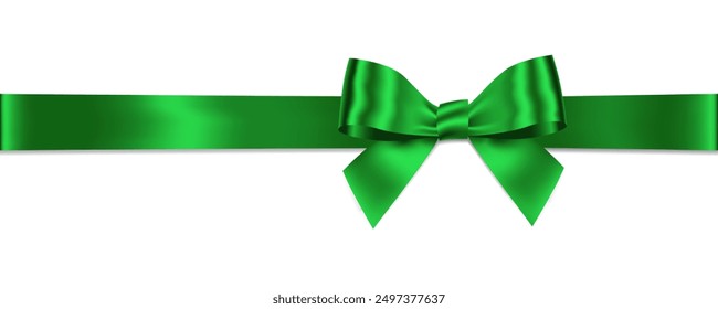 Green Bow and Ribbon Horizontal Realistic shiny satin with shadow horizontal ribbon for decorate your Christmas  card ,Breast Cancer Awareness Month,greeting or gift boxes vector EPS10