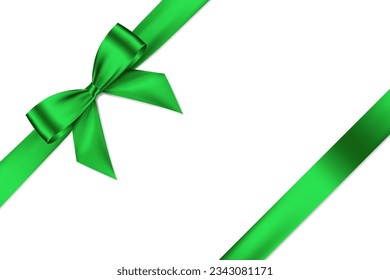 Green bow and ribbon realistic shiny satin with shadow place on left corner of paper for decorate your christmas card or website vector EPS10 isolated on white background.