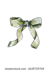 green bow ribbon watercolor illustration isolated on white	

