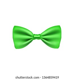 Green bow tie from satin material. Elegant clothes accessory isolated on white background. Realistic formal wear for official event. Saint Patricks day decor from silk vector illustration.