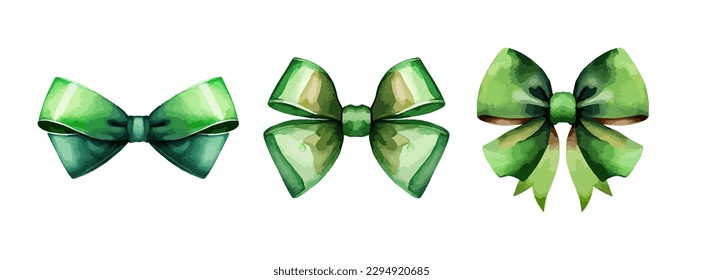 Green bow watercolor set isolated on white background. Saint pattrick day decorative elements collection. Vector illustration