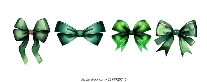 Green bow watercolor set isolated on white background. Saint pattrick day decorative elements collection. Vector illustration