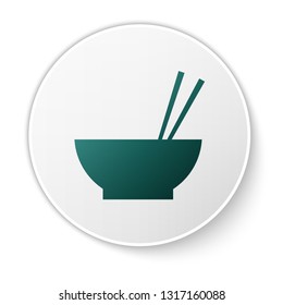 Green Bowl with asian food and pair of chopsticks silhouette icon isolated on white background. Concept of prepare, eastern diet. Green circle button. Vector Illustration