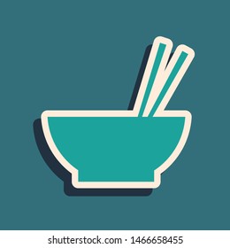 Green Bowl with asian food and pair of chopsticks silhouette icon isolated on blue background. Concept of prepare, eastern diet. Long shadow style. Vector Illustration