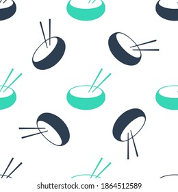 Green Bowl with asian food and pair of chopsticks silhouette icon isolated seamless pattern on white background. Concept of prepare, eastern diet. Vector.