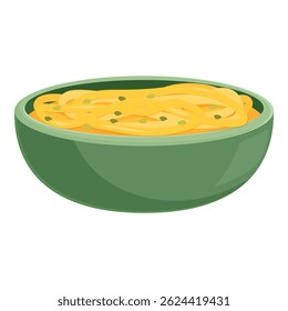 Green bowl containing a delicious portion of spaghetti with cheese and herbs