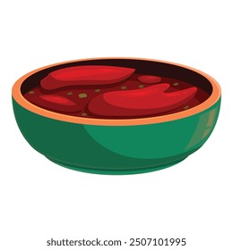 Green bowl containing spicy red chili sauce with herbs floating on top