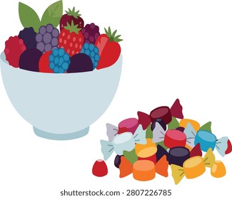 A green bowl filled with mixed berries and a pile of assorted candies beside it, on a white background, for food or snack concepts