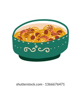 Green Bowl of Noodles with Shrimps, Traditional Chinese or Japanese Food, Ramen Noodles Vector Illustration