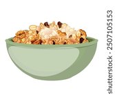 Green bowl is overflowing with a delicious and healthy serving of granola and dried fruits, perfect for a nutritious breakfast