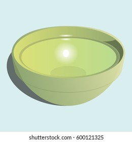 Green bowl with reflection.Blue background.Vector illustration.Kitchen object