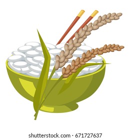 Green bowl with rice and chopsticks near its ears isolated on white. Vector illustration in flat design of healthy agricultural cereals