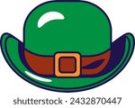 Green bowler hat with leather strap, headdress of Irish fairy tale character Leprechaun. Festive element, attributes of St. Patrick Day. Cartoon vector icon in national colors of Irish flag