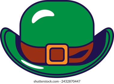 Sombrero de bombín verde con correa de cuero, tocado del personaje de cuento de hadas irlandés Leprechaun. Elemento festivo, atributos del día de San Patricio. Icono del vector de la historieta en los colores nacionales de la bandera irlandesa