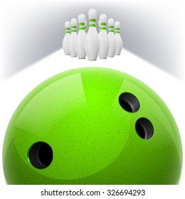 Green Bowling ball with holes in front. White skittles with red stripes on a white background