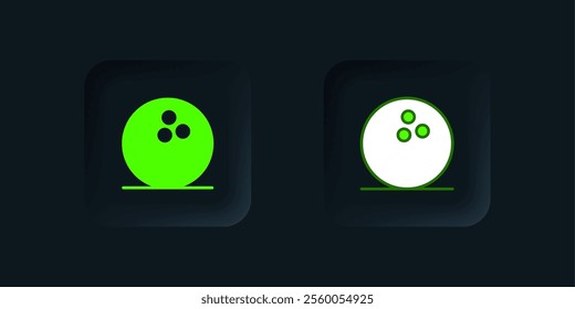 Green Bowling ball icon isolated on black background. Sport equipment. Black square button. Vector