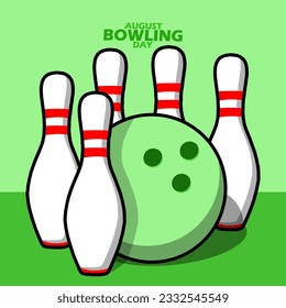 Green bowling ball with pins, with bold text on green background to commemorate National Bowling Day on August