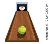 Green bowling ball is rolling down a bowling alley towards the pins