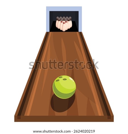 Green bowling ball is rolling down a bowling alley towards the pins