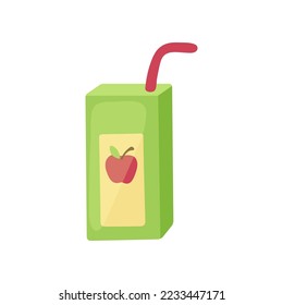 Green box with apple juice vector illustration. Healthy drink in paper box with straw for lunch at school or office on white background. Lunch break, beverage concept