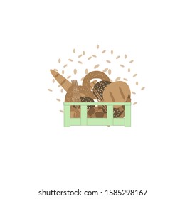 Green box with bread and baguette and various pastries. Collection of various pastries. Logo for bakery.