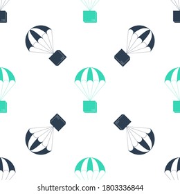 Green Box flying on parachute icon isolated seamless pattern on white background. Parcel with parachute for shipping. Delivery service, air shipping concept, bonus. Vector.