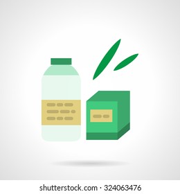 Green box and milk bottle. Flat color style vector icon. Baby food and healthy nutrition. Elements of web design for business.