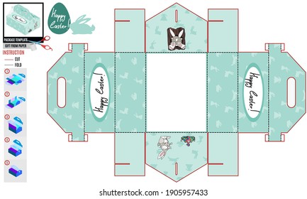 green box template for easter. rabbit climbing a tree. vector doodle sketch