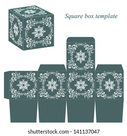 Green box template with white floral elements. Vector illustration.