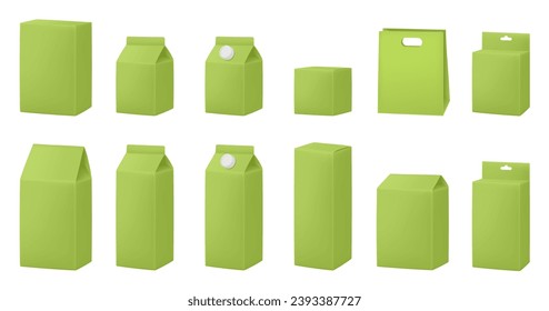Green boxes for dairy products. Blank cardboard package boxes mockup. Box set. Set of juice or milk cardboard package. Vector mockup set. Realistic carton package with cap. Hanging hole. Shopping bag