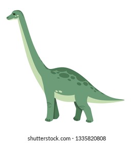 Green brachiosaurus. Cute dinosaur, cartoon design. Flat vector illustration isolated on white background. Animal of jurassic world. Giant herbivore dinosaur.