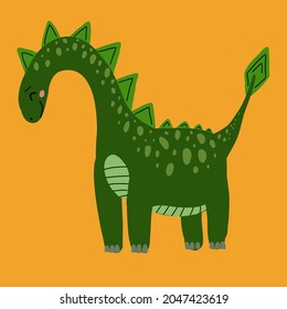 Green brahiosaurus sleep isolated on orange background. Childish fantasy. Illustration