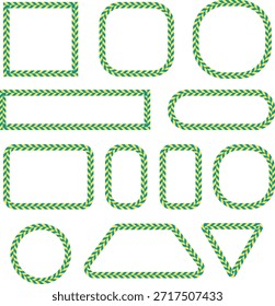 Formas de contorno trançado verde e conjunto de quadros arredondados. Bordas geométricas decorativas com textura de padrão de corda torcida. Elementos criativos de interface do usuário para design ecológico, web e layouts gráficos modernos.