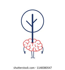 Green brain growing. Vector concept illustration of tree growing out of the brain | flat design linear infographic red and blue on white background