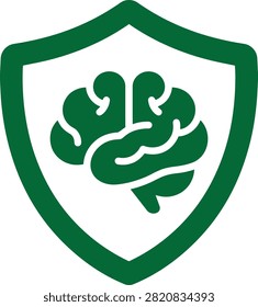 Green brain icon enclosed in a protective shield symbol with protection security intellect