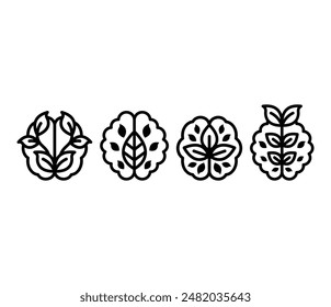 green brain with leaves icons symbol sign vector design illustration collection simple line black white color isolated