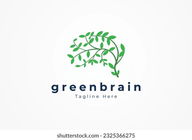 Green Brain Logo, brain with Leaf combination , usable for business and company logos, flat design logo template, vector illustration