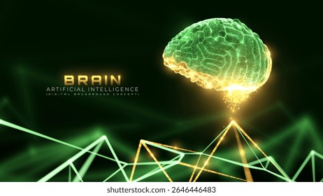Green brain particle glow with core golden neon light, Futuristic artificial intelligence deep learning science and technology, Luxury digital background. Vector illustration.
