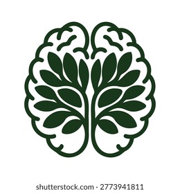 Green brain shaped leafy illustration for ecology and nature concepts