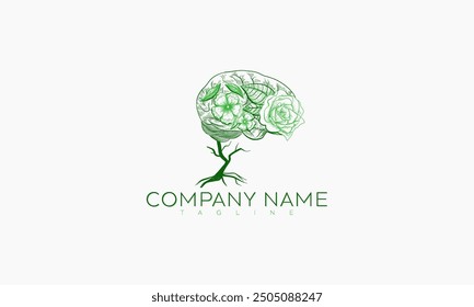 A green brain shaped like a tree with flowers and leaves, designed as a logo.