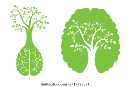 Ilustração de Vetor de Árvore Verde do Cérebro e Árvore dos Pulmões para Saúde Mental e Conceito Ecológico