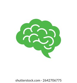 Green brain vector icon on white background, symbolizing intelligence, memory, and mental health. Flat design style, conceptual image for creativity and neurological functions.
